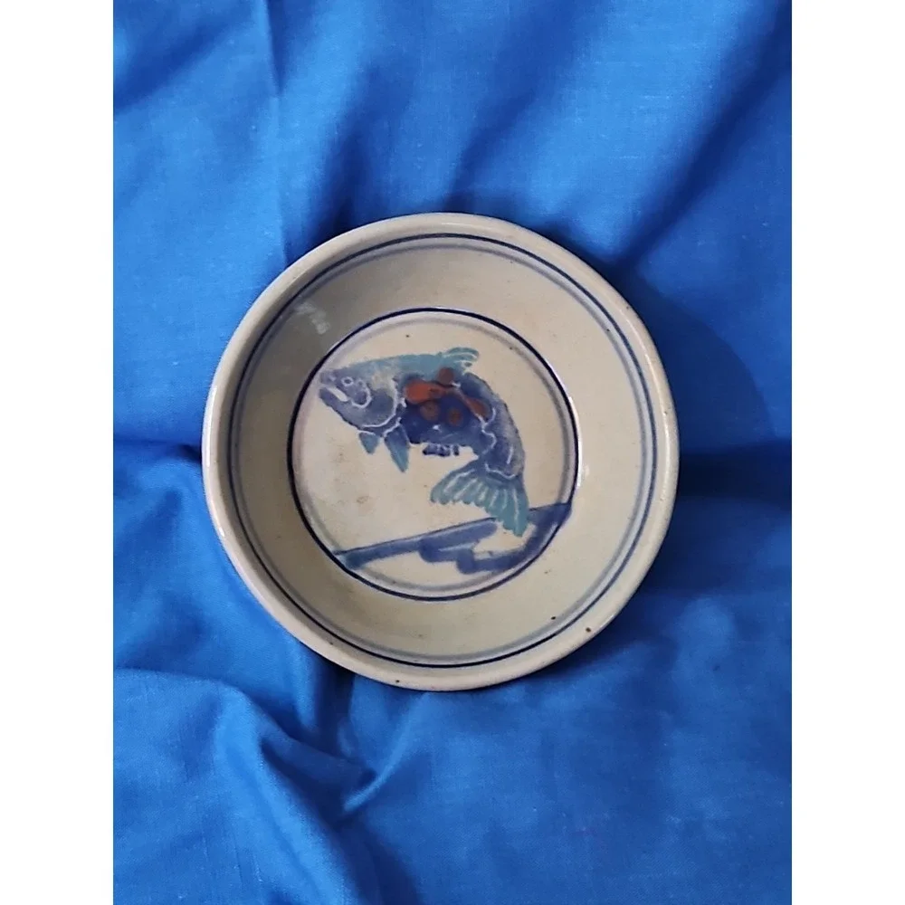 Antique Chinese Fish Bowl Stoneware Pottery Hand Painted‎ Koi Vintage 6.5